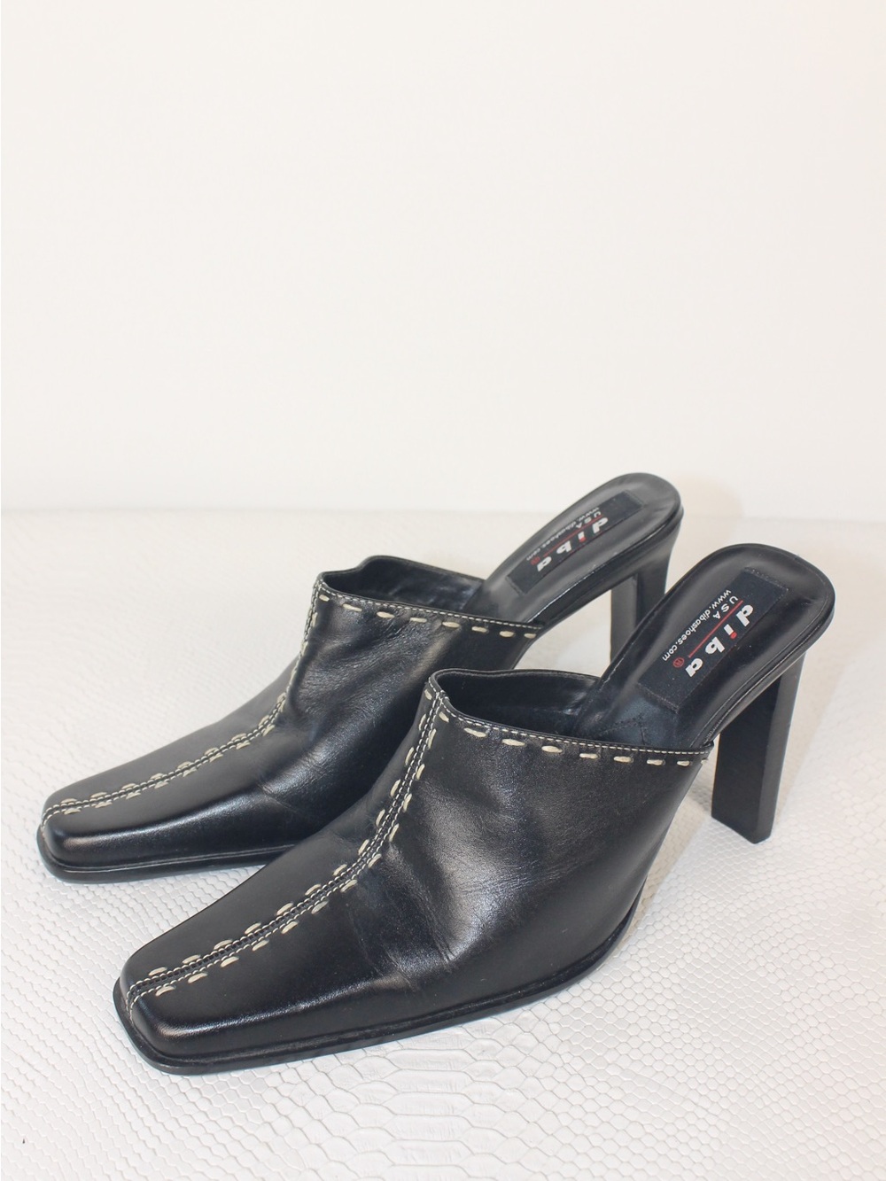 Diba Black Leather Square-Toe Mule Heels with Contrast Stitching